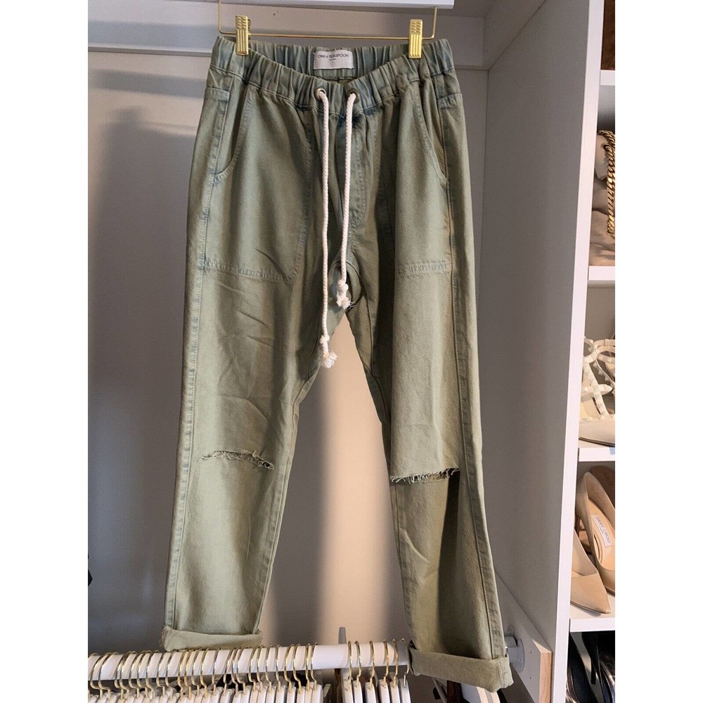 NEW One Teaspoon Shabbies Boyfriend Jeans Women's S Green Distressed Drawstring